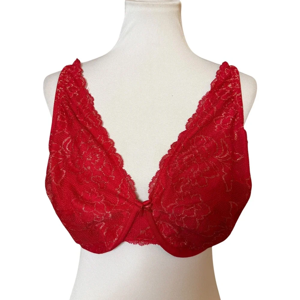 Cacique‎ Unlined High Apex Plunge Bra Women 44DD Red Gold Lace Underwire 1147423